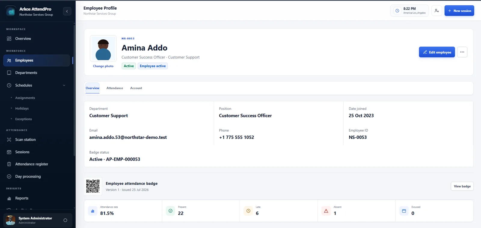 Arkos AttendPro employee profile preview